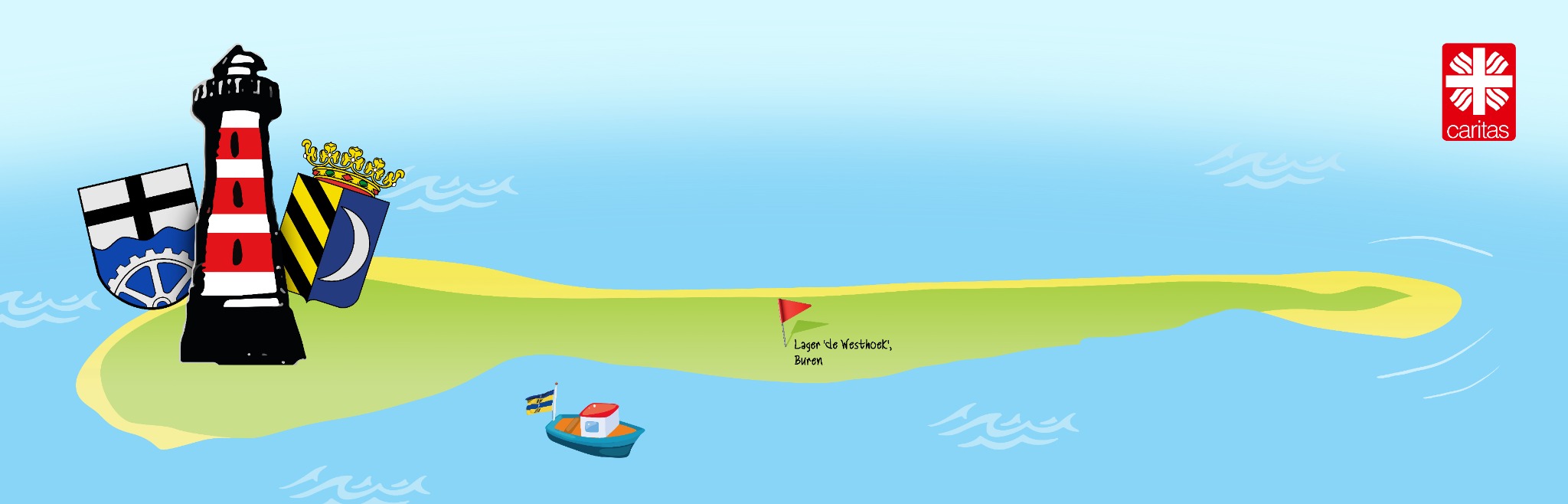 Illustration der Insel Ameland mit Leuchtturm, Boot und Caritas-Logo